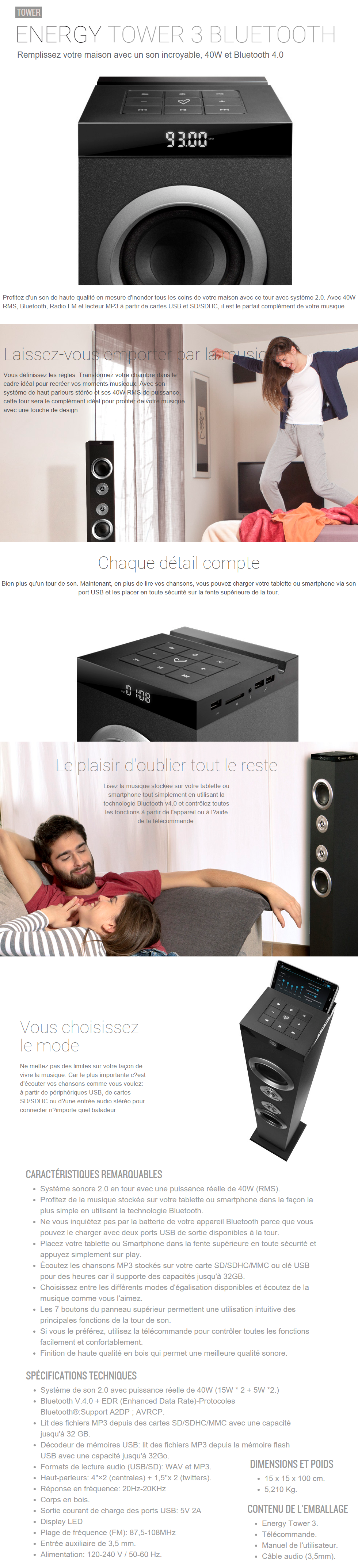 Acheter Energy Sistem Tower 3 Bluetooth (RMS: 40W, USB/SD, Line-in and FM) Maroc
