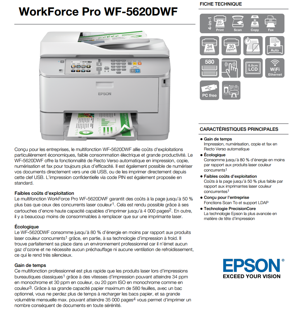 Acheter Imprimante multifonction Jet d’encre EPSON WORKFORCE PRO WF-5620DWF (C11CD08401) Maroc