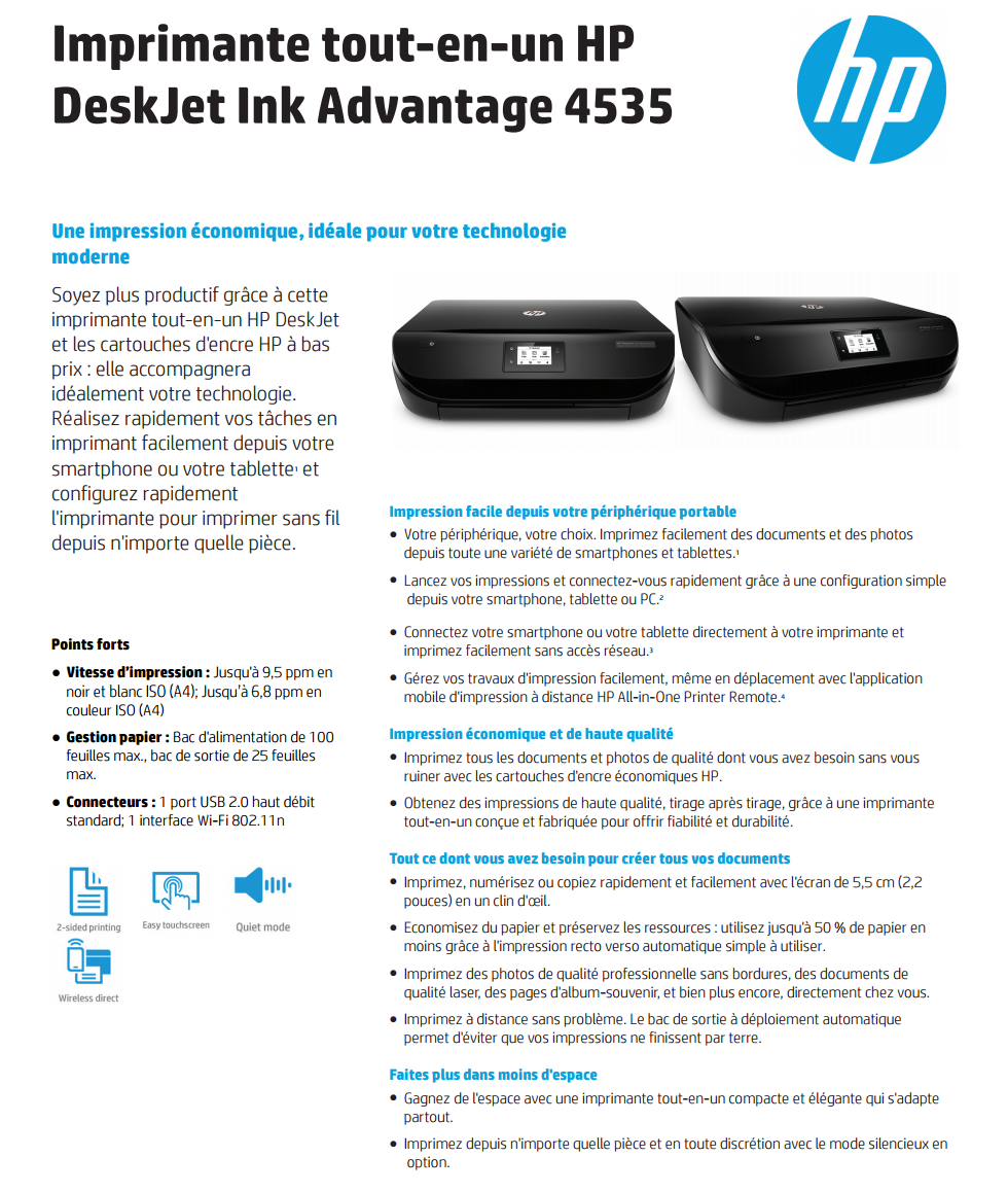Acheter Imprimante multifonction Jet d’encre HP DeskJet Ink Advantage 4535 (F0V64C) Maroc
