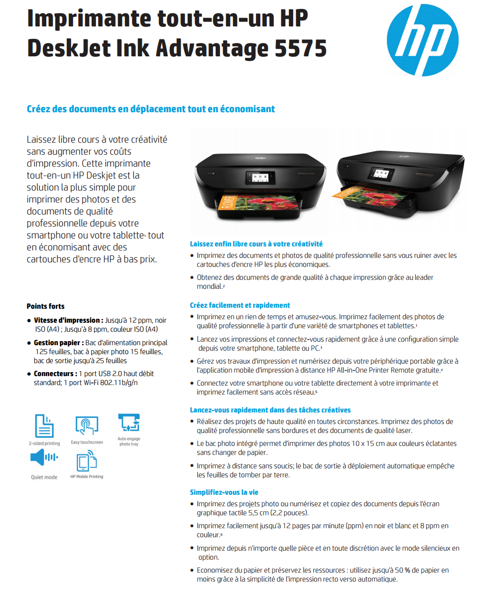 Acheter Imprimante multifonction Jet d’encre HP DeskJet Ink Advantage 5575 (G0V48C) Maroc