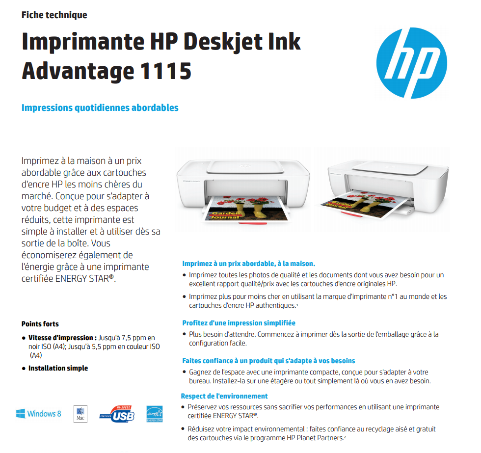Acheter Imprimante Jet d'encre HP Deskjet Ink Advantage 1115 (F5S21C) Maroc