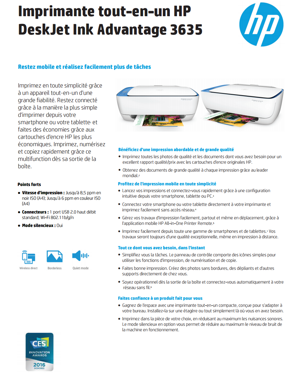 Acheter Imprimante multifonction Jet d’encre HP DeskJet Ink Advantage 3635 (F5S44C) Maroc