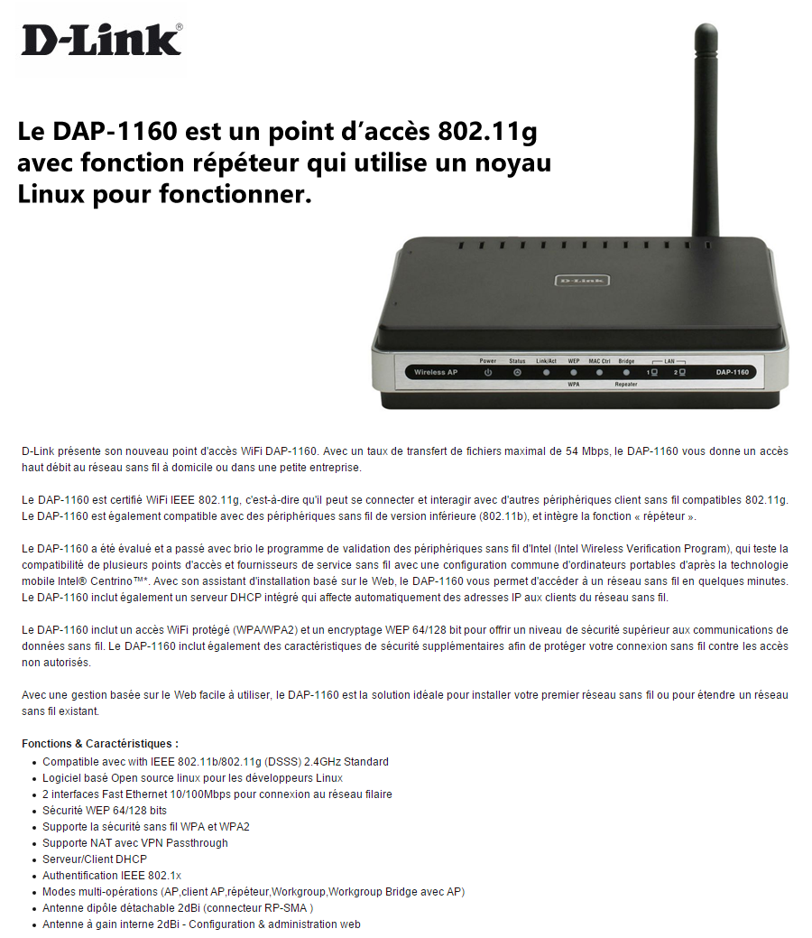 Acheter Point d'accès D-LINK sans fil 54 Mbps Wi-Fi g (DAP-1160/EAU) Maroc