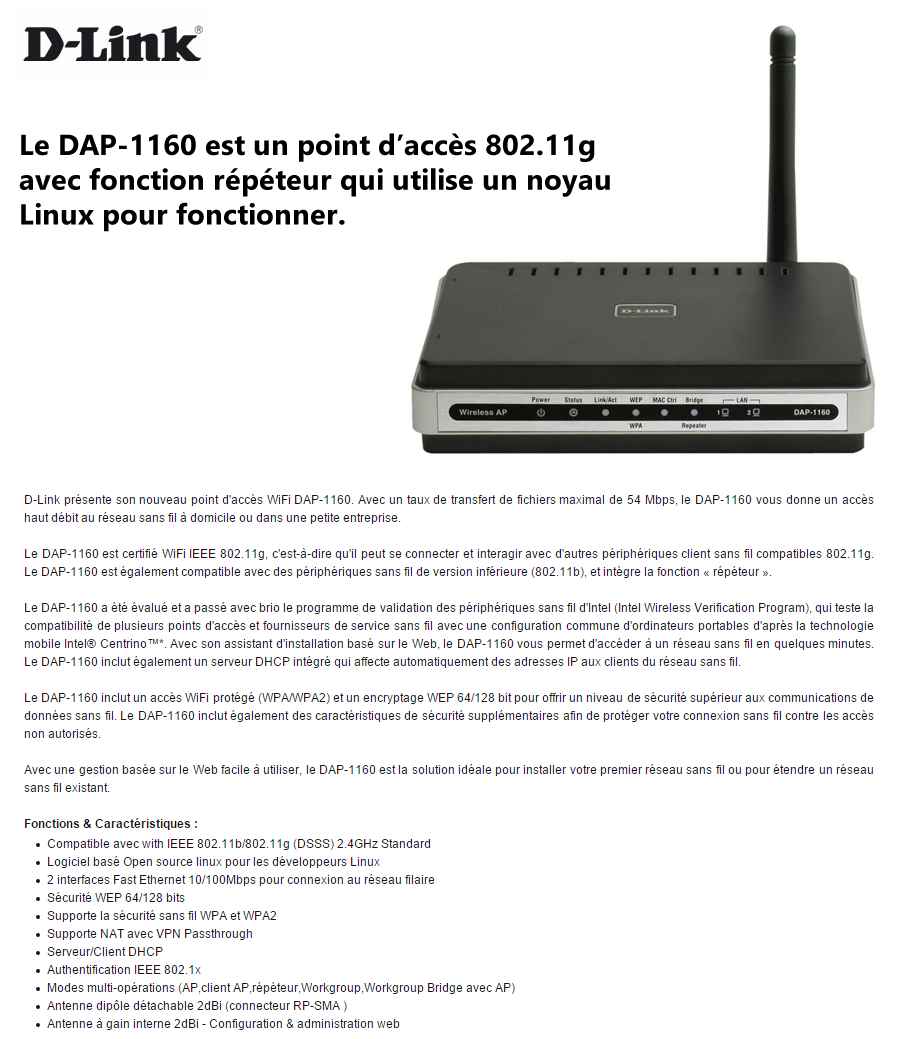 Acheter Point d'accès WiFi 4 D-LINK sans fil 54 Mbps Wi-Fi g (DAP-1160/EAU) Maroc