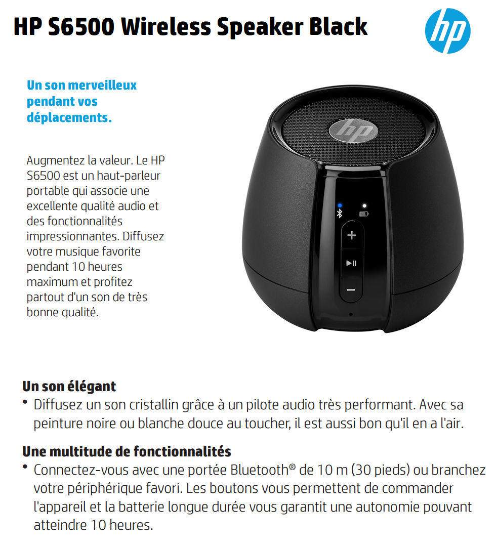 S6500 Bluetooth Hp Black S6500 Wireless Speaker Haut-parleur Sans