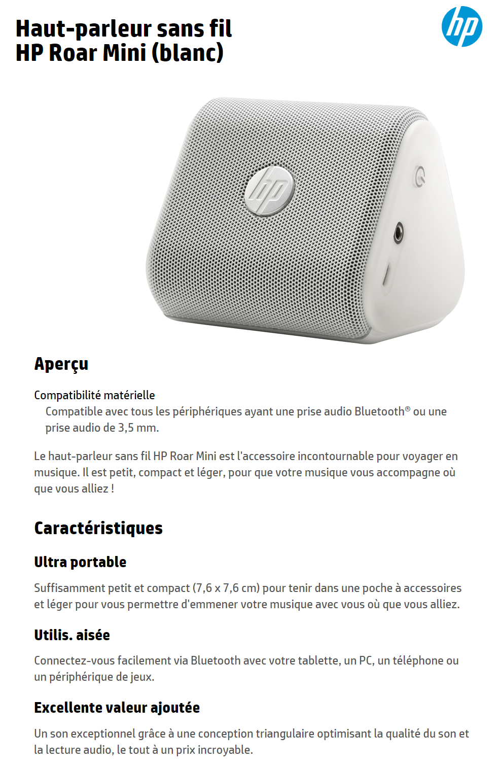 Acheter Haut-parleur sans fil HP Roar Mini (Bluetooth et prise audio de jack 3,5 mm) (G1K47AA) Maroc