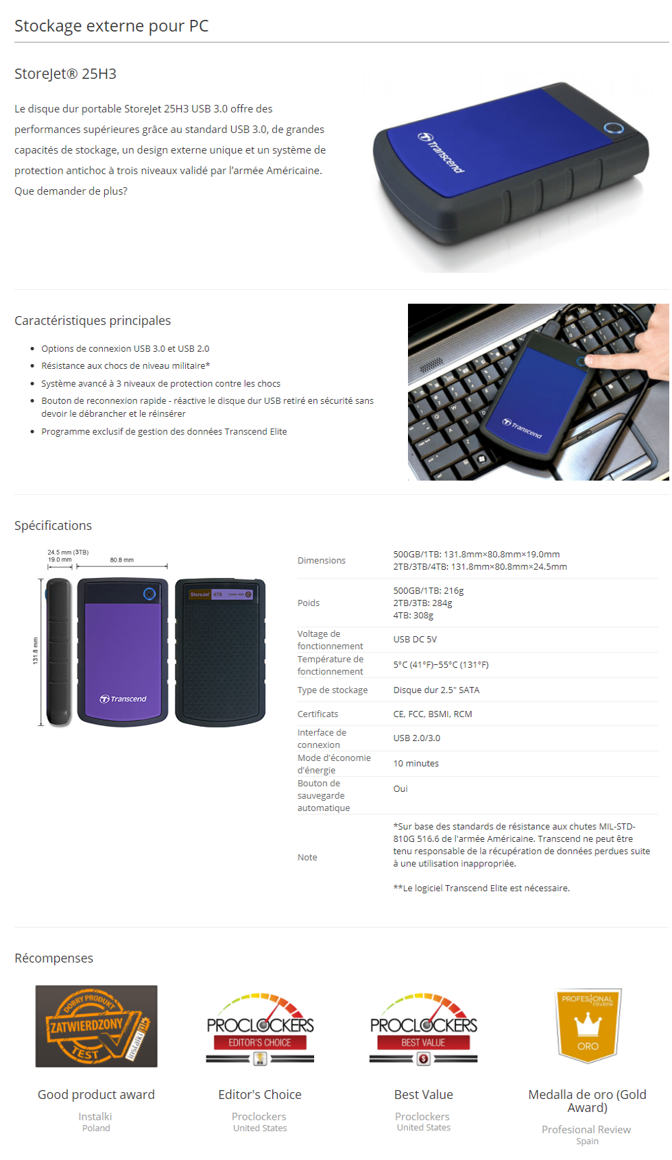 Acheter Disque dur USB 3.0 externe Anti-choc portable Transcend Storejet 25H3 - 2TB Maroc