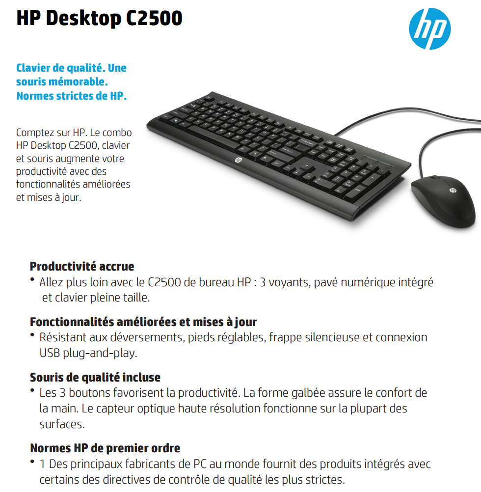 Acheter Clavier et souris Filaire USB HP C2500 (AZERTY Français) Maroc
