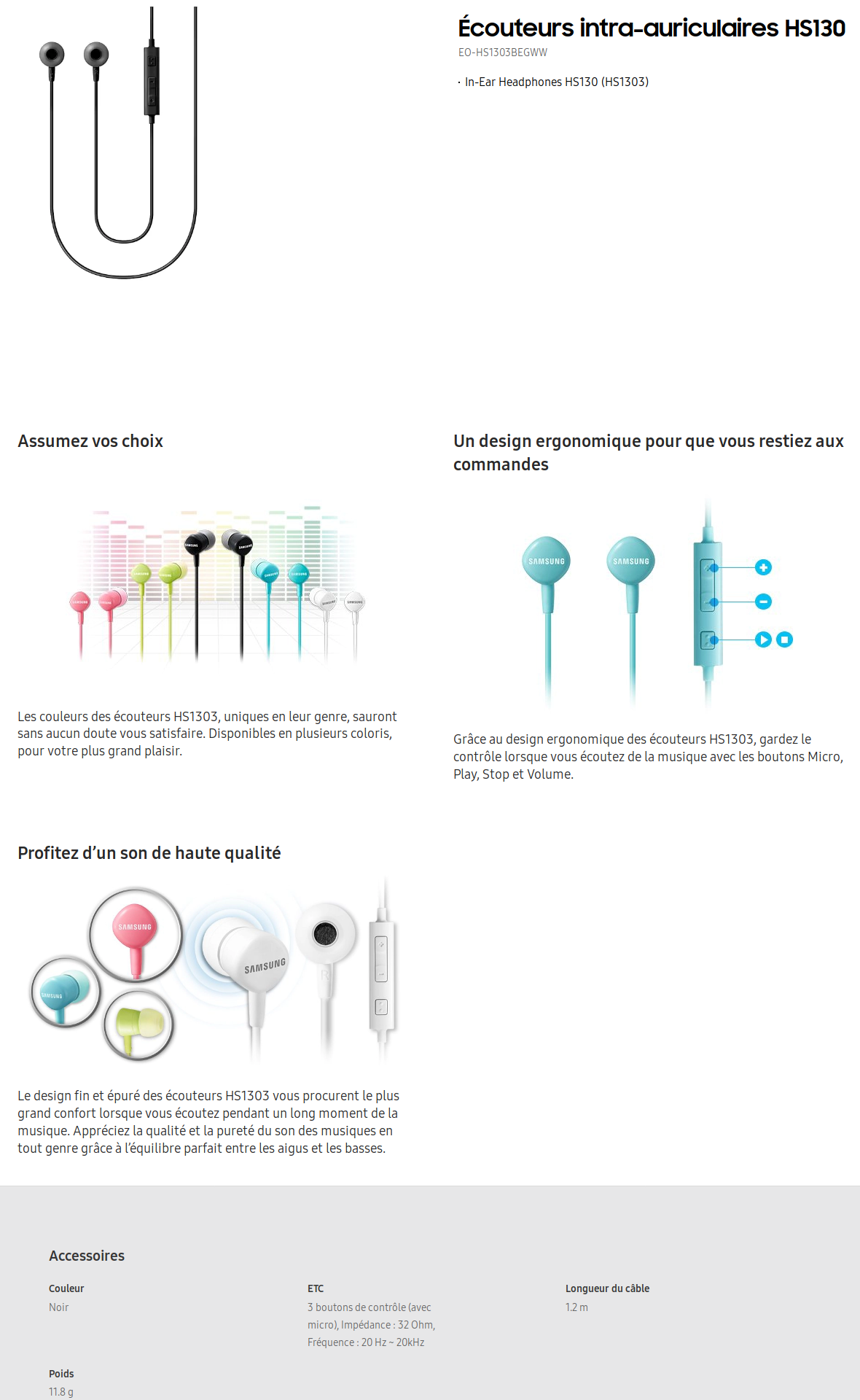 Acheter Kit Piéton stéréo filaire universel stéréo Samsung EO-HS1303 Maroc