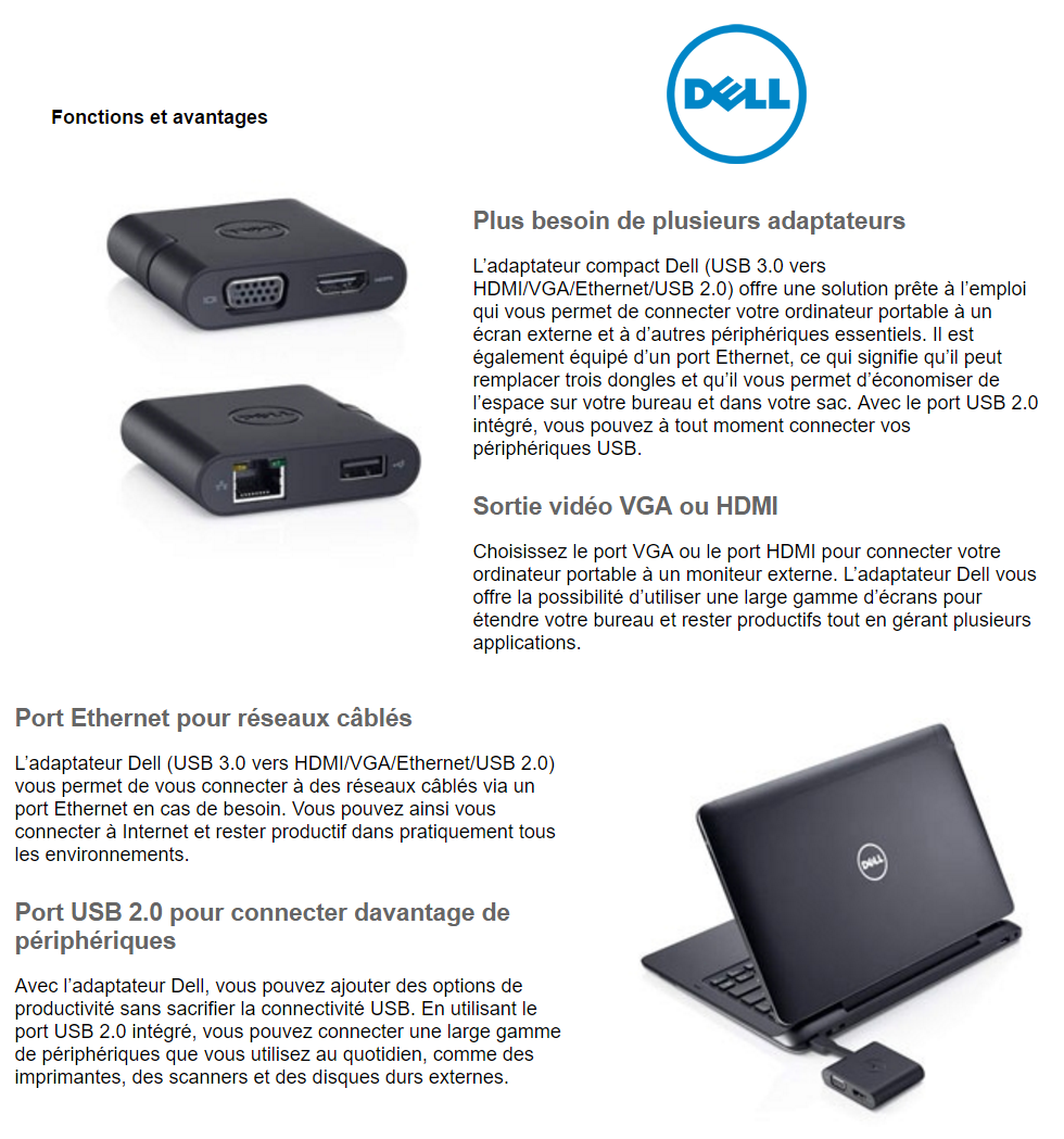 Acheter Adaptateur Dell USB 3.0 vers HDMI/VGA/Ethernet/USB 2.0 Maroc