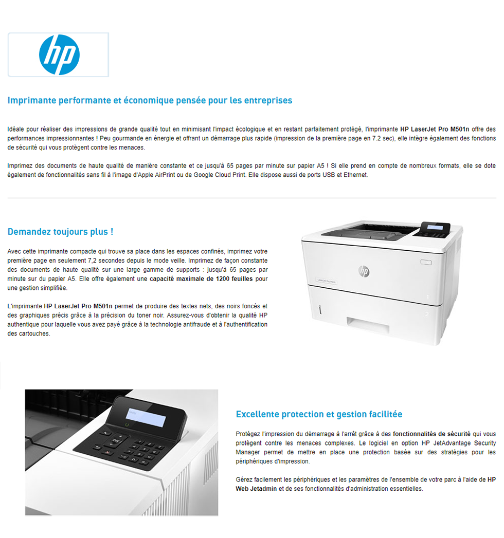 Acheter Imprimante Laser Monochrome HP LaserJet Pro M501n (J8H60A) Maroc