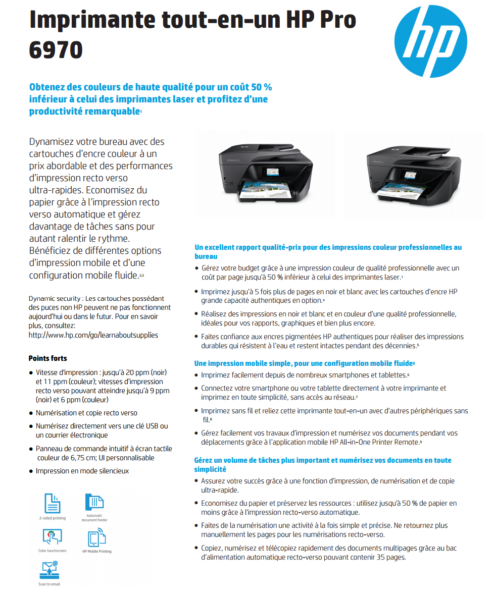 Imprimante multifonction Jet d'encre HP Pro 6970 (J7K34A) prix Maroc