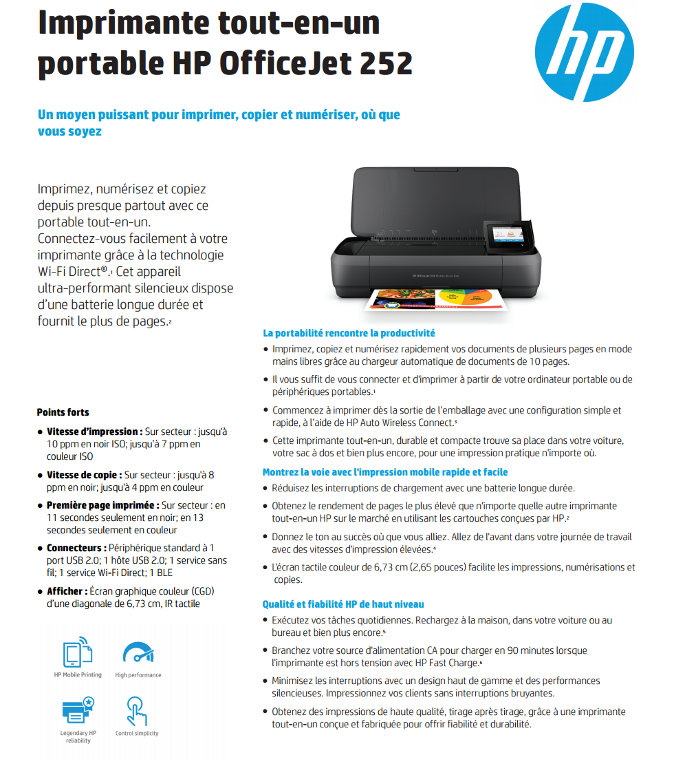 Acheter Imprimante portable multifonction Jet d’encre HP OfficeJet 252 (N4L16C) Maroc
