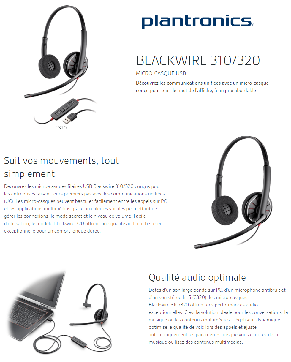 Acheter Casque-micro Stéréo Filaire USB Plantronics Blackwire C320 Maroc