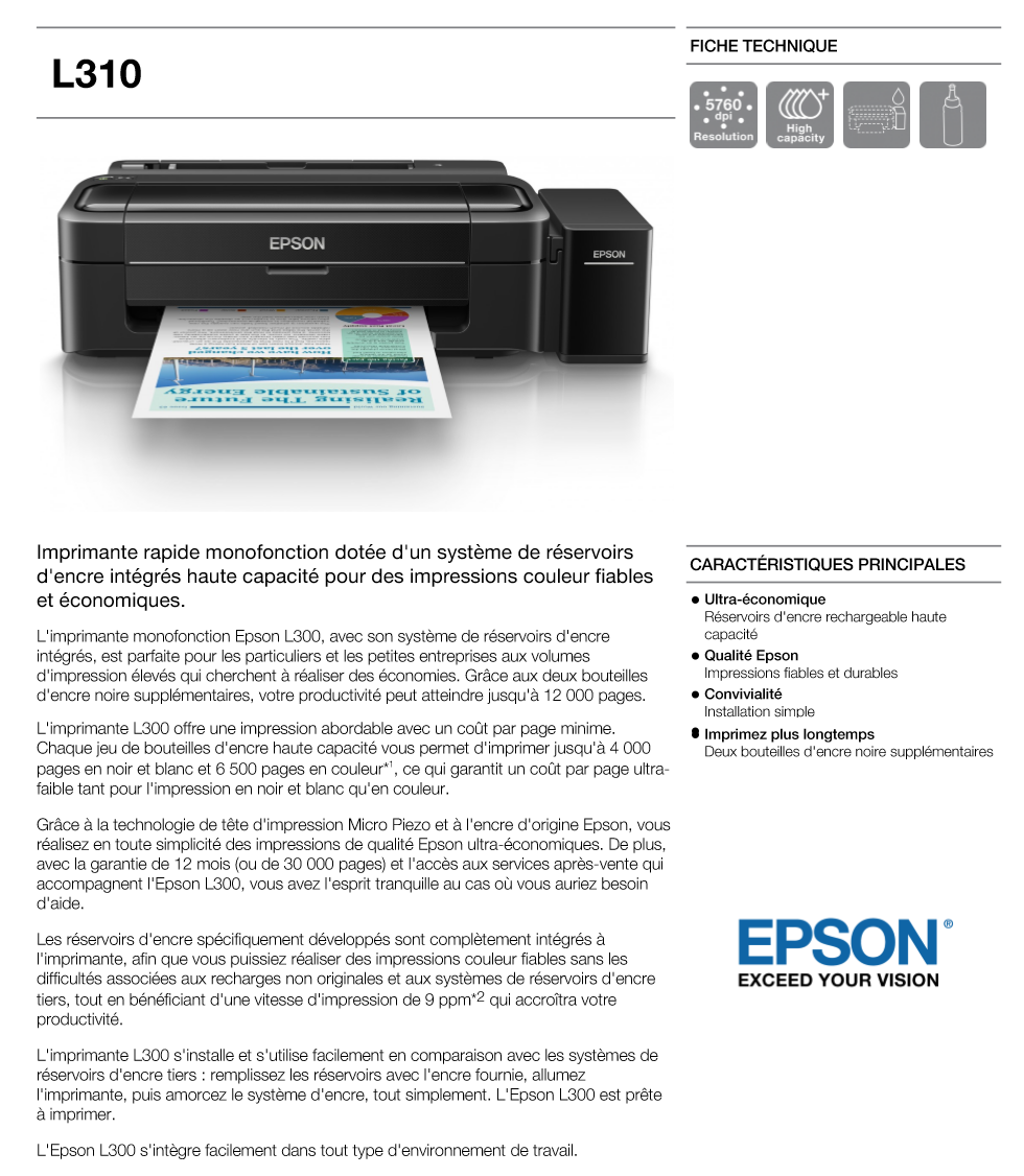 Acheter Epson EcoTank L310 Imprimante à réservoirs rechargeables (C11CE57402) Maroc