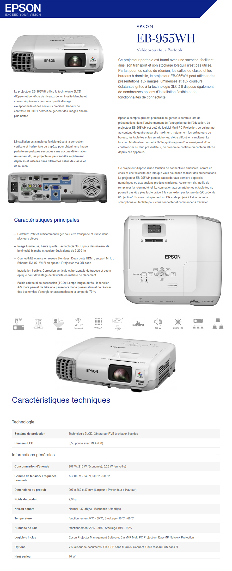Acheter Epson EB-955WH Vidéoprojecteur portable WXGA(1280 x 800) (V11H683040) Maroc