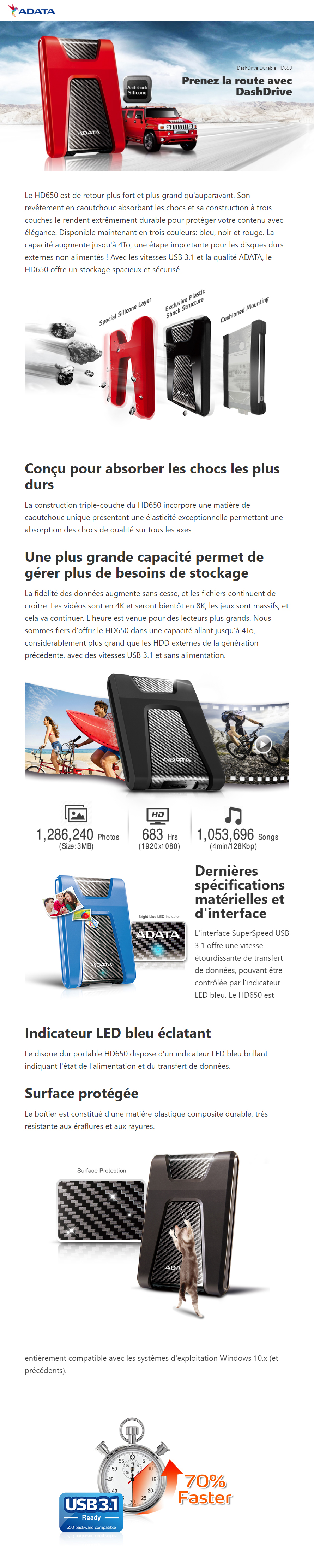 Acheter Disque Dur portable ADATA DashDrive Durable HD650 USB 3.0 - 1To, 2To Maroc
