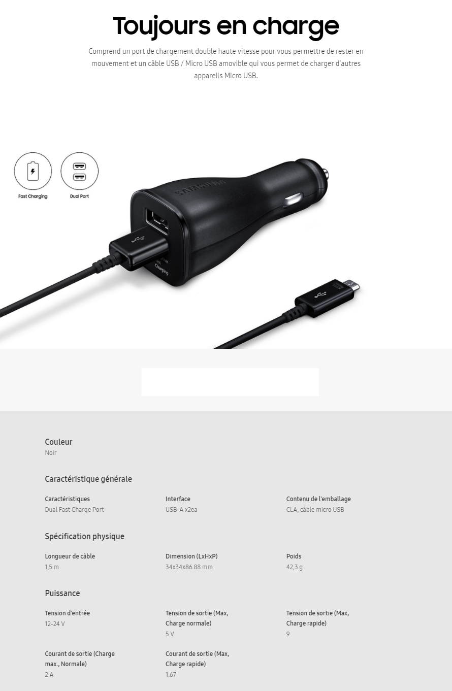 Acheter Chargeur de Voiture Samsung - Double à Chargement Rapide (Micro USB) Maroc
