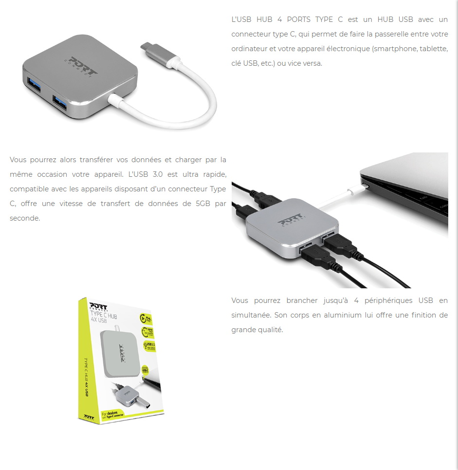 Acheter Hub USB 3.0 PortDesigns - 4 Ports Type C (900123) Maroc