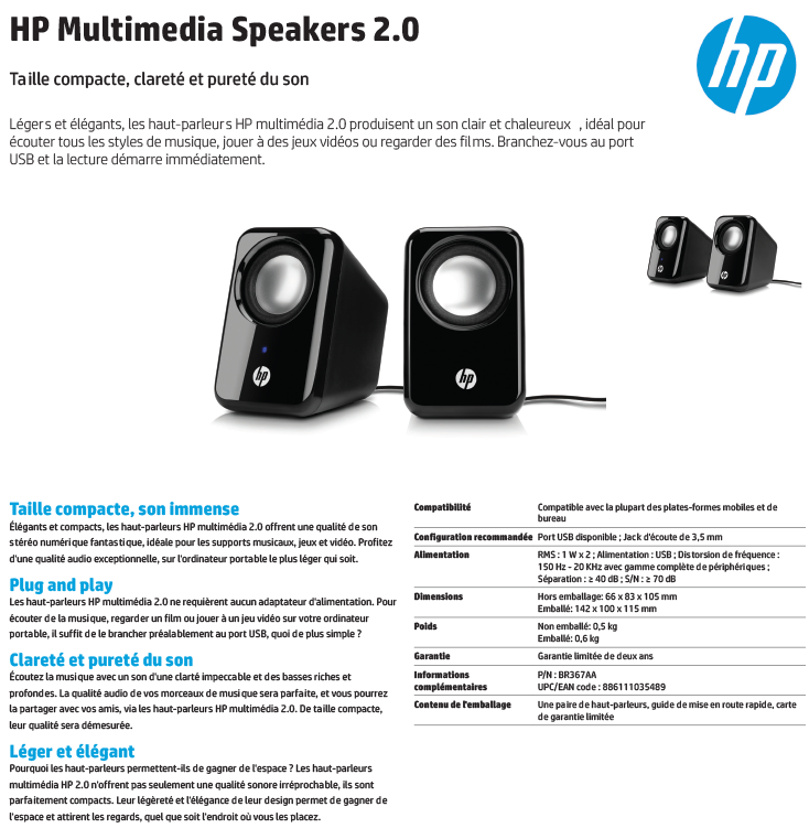 Acheter Hauts-parleurs HP Multimedia - stéréo 2.0 - 2 Watts - Jack 3,5 mm et USB Maroc