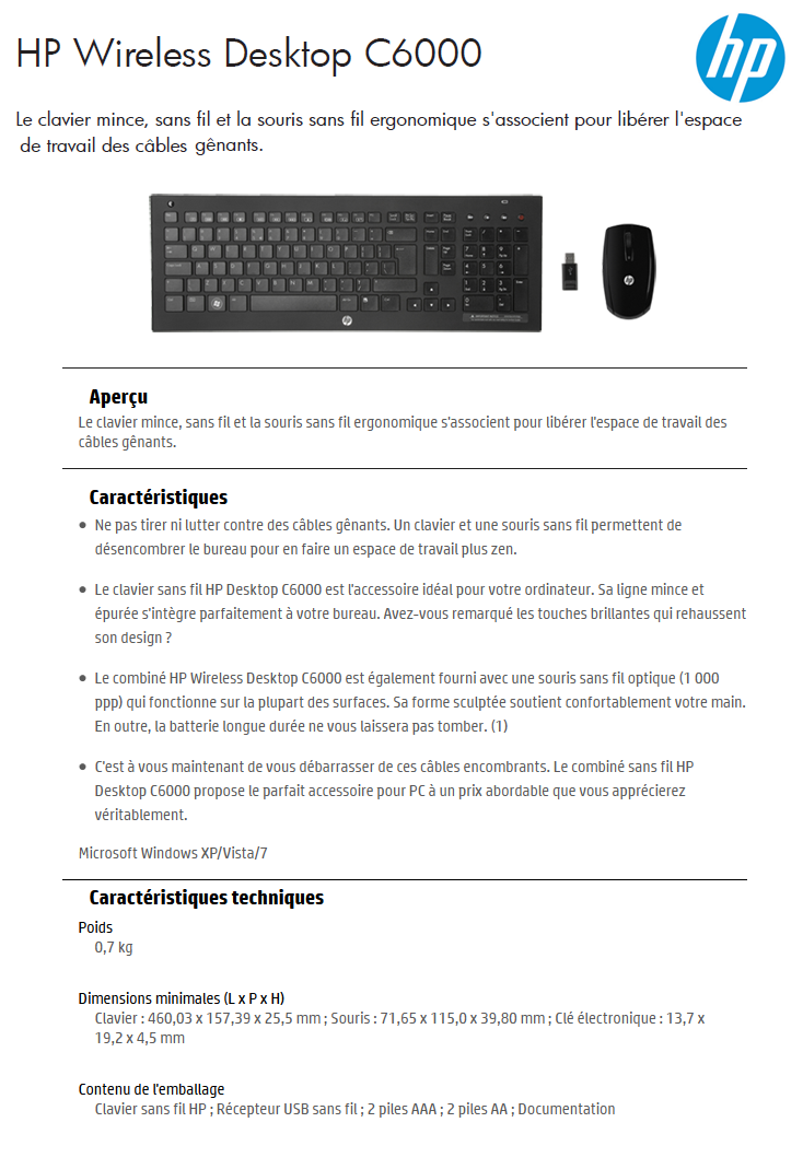 Acheter Clavier et Souris HP sans fil C6000 (A0X32AA) Maroc