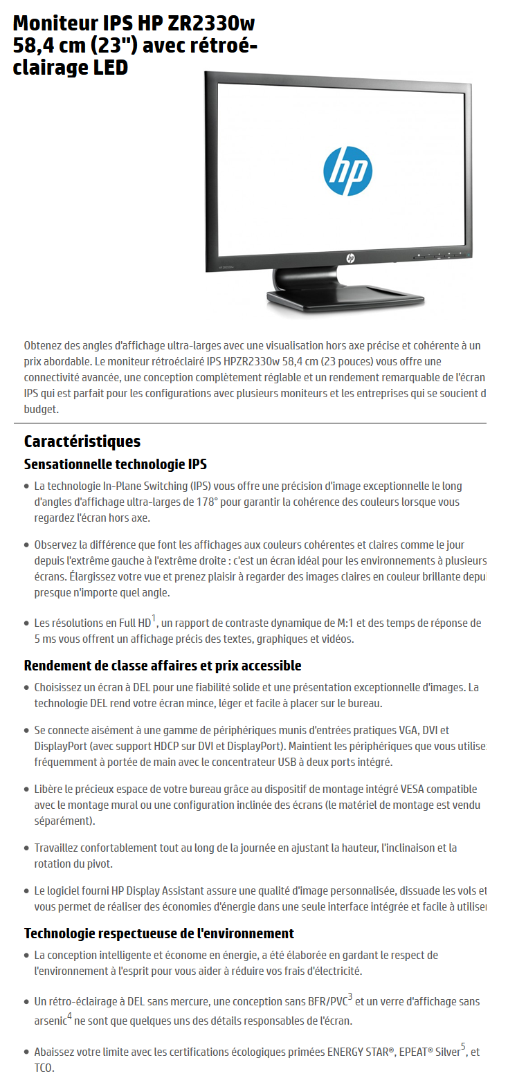Acheter Écran HP ZR2330w IPS LED Backlit 58,4 cm (23 pouces) (C6Y18A4) Maroc