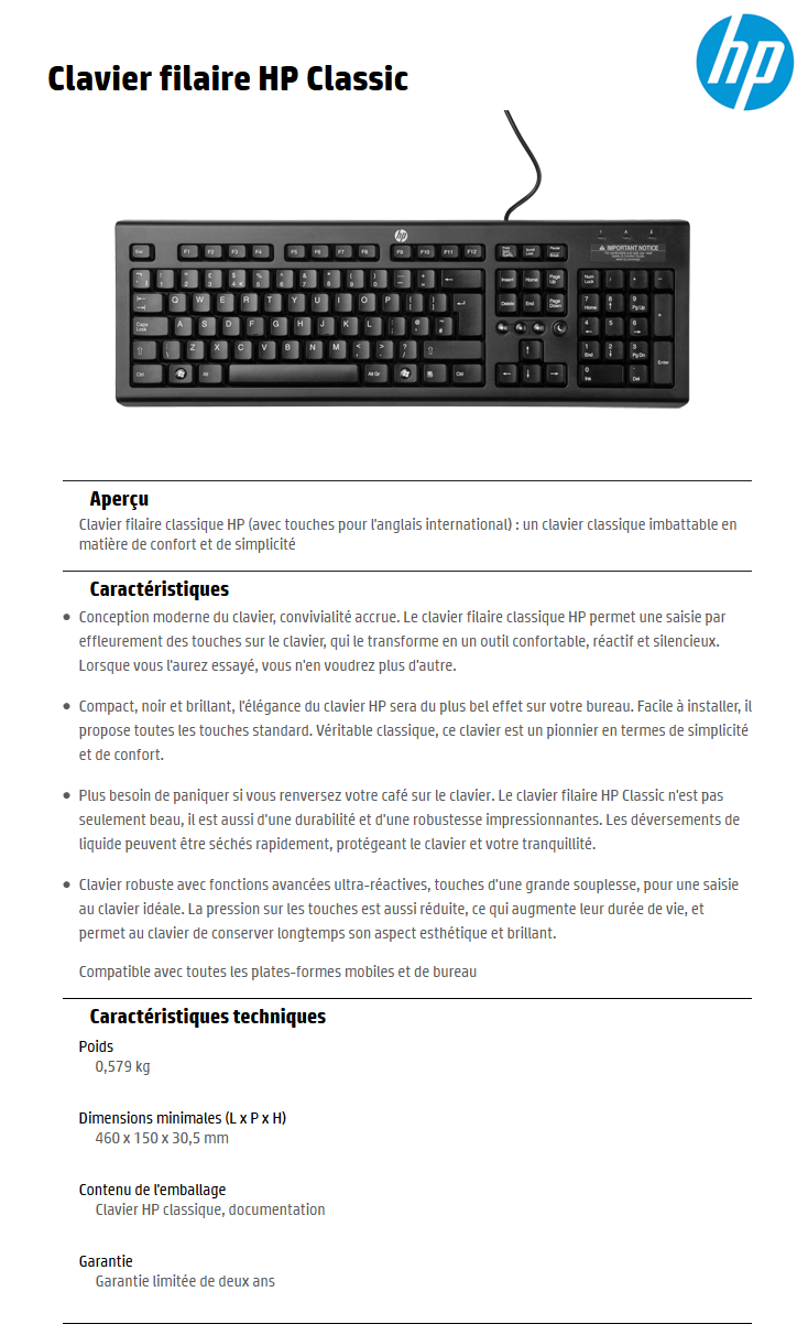 Acheter Clavier filaire HP Classic (WZ972AA) - AZERTY Maroc