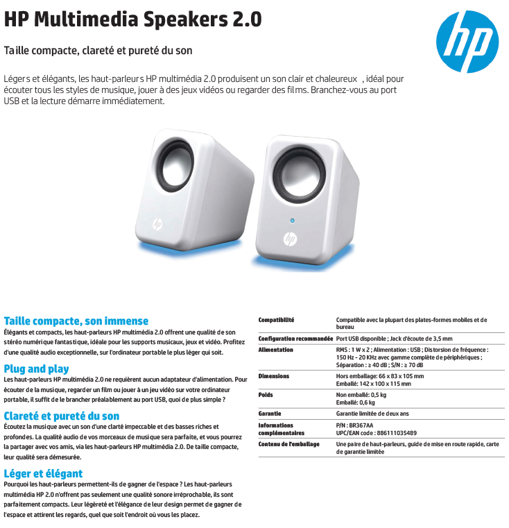 Acheter Hauts-parleurs HP Multimedia 2.0 (H3W58AA) Maroc