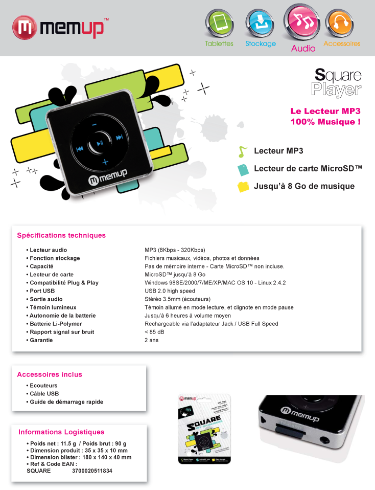 Acheter Lecteur MP3 Memup SQUARE avec lecteur MicroSD Maroc