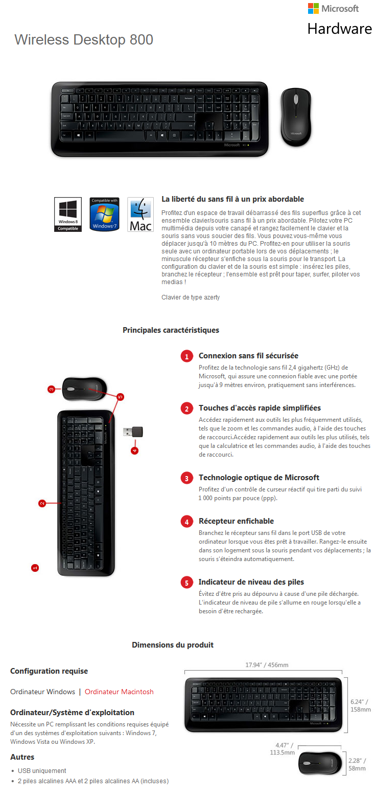 Acheter Clavier et souris Microsoft Wireless Desktop 800 Maroc
