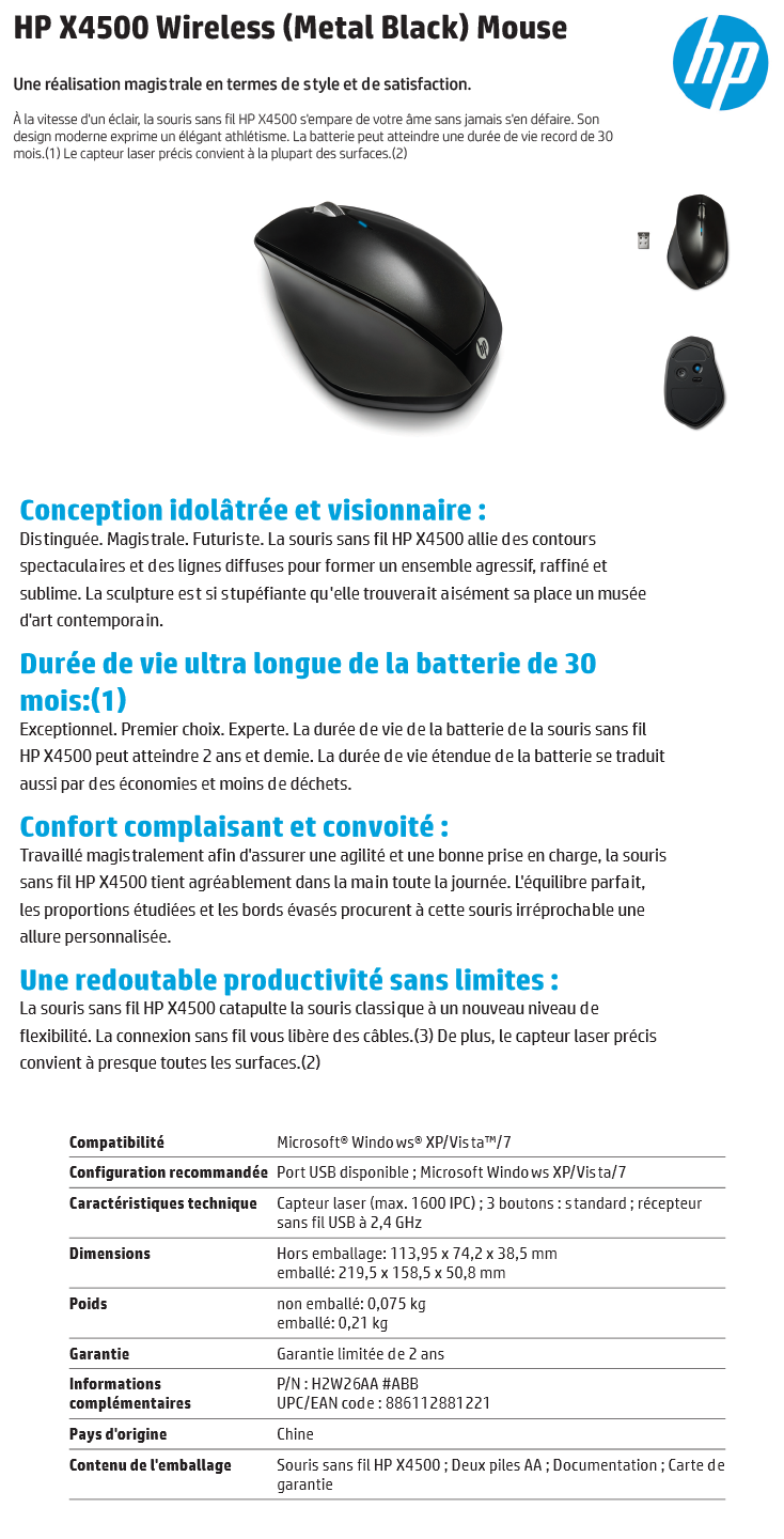 Acheter Souris sans fil (noir métallisé) HP X4500 (H2W26AA) Maroc