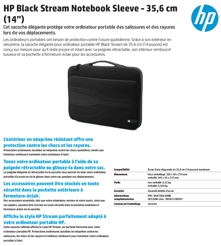 Acheter Sacoche pour portable HP 35.6 cm (14 pouces) Black Stream (WU676AA) Maroc
