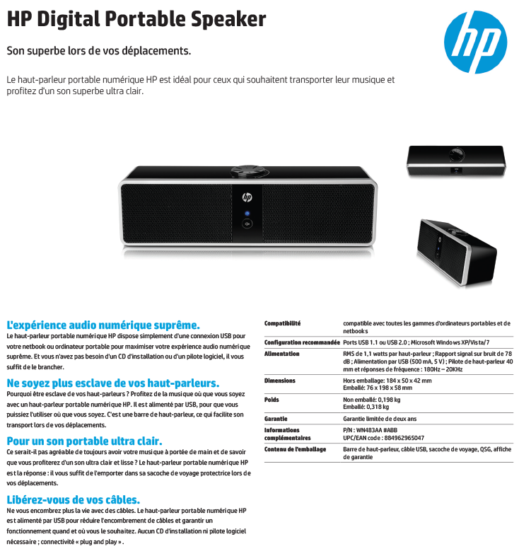 Acheter Haut-parleur portable numérique HP (WN483AA) Maroc
