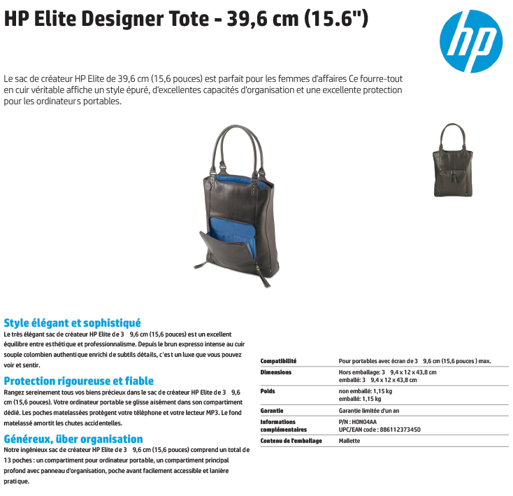 Acheter Sac HP Elite Series Designer Tote - 39,6 cm (15.6") (H0N04AA) Maroc