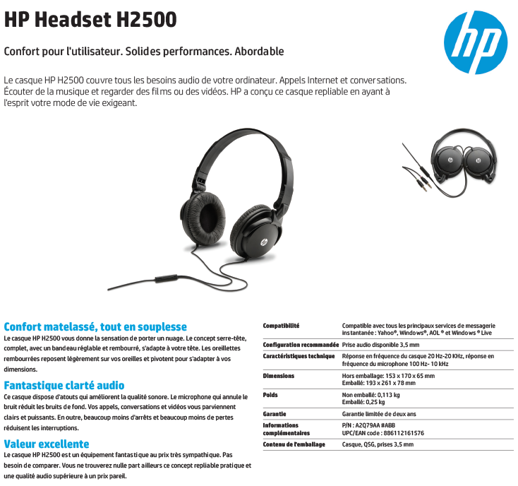 Acheter Casque HP H2500 (A2Q79AA) Maroc
