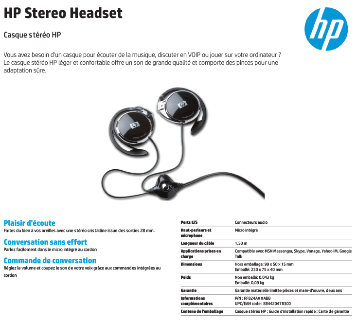 Acheter Casques stéréo HP avec micro intégré (RF824AA) Maroc