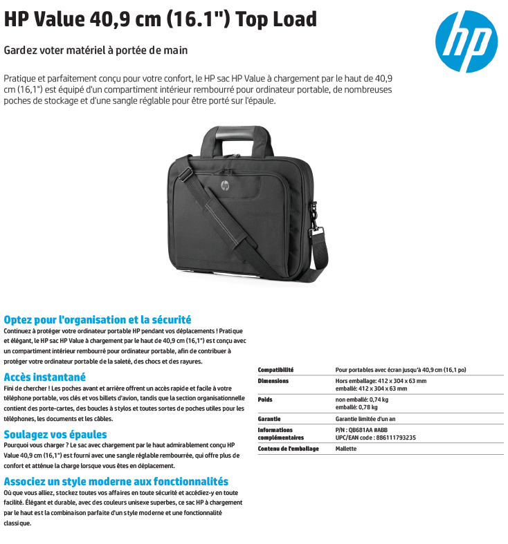 Acheter Mallette HP Value Top Load - 40,9 cm (16,1") (QB682AA) Maroc