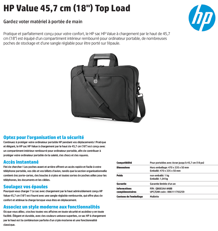Acheter Mallette HP Value Top Load 18" (QB683AA) Maroc