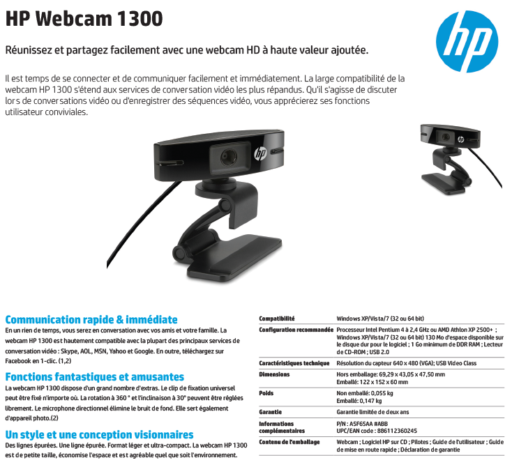 Acheter HP Webcam 1300 (A5F65AA) Maroc