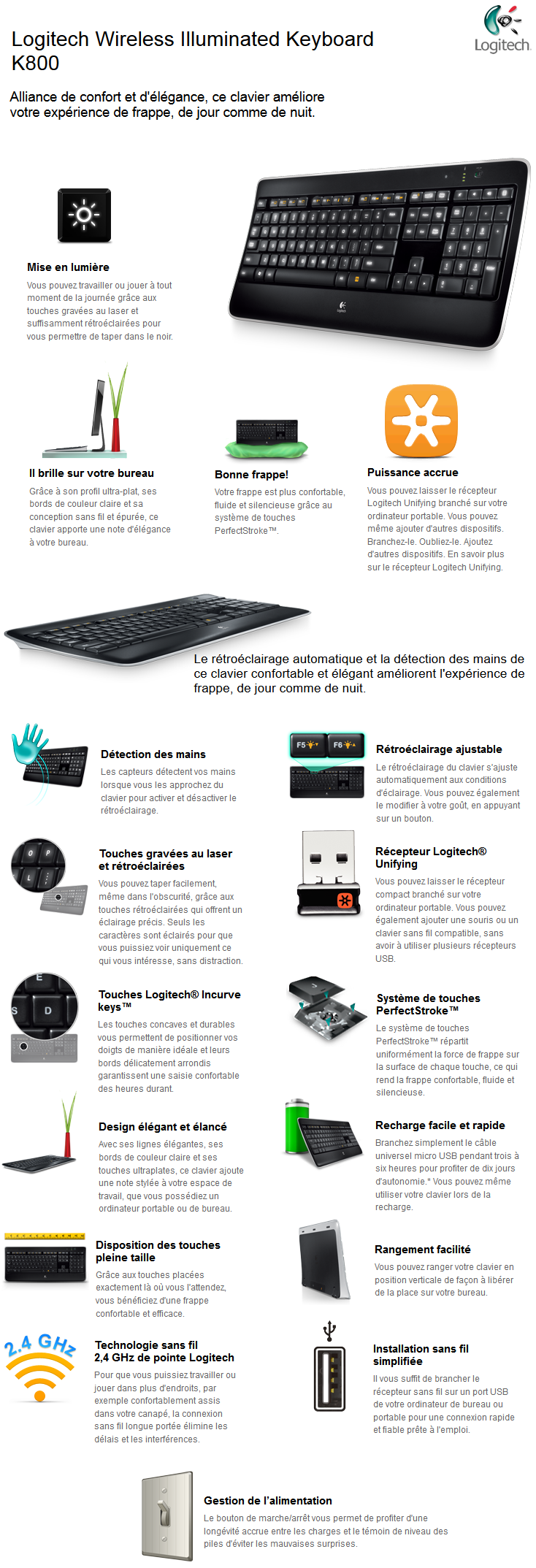 Acheter Logitech Wireless Illuminated Keyboard K800 - Clavier avec rétro-éclairage sans fil (AZERTY Francais) Maroc