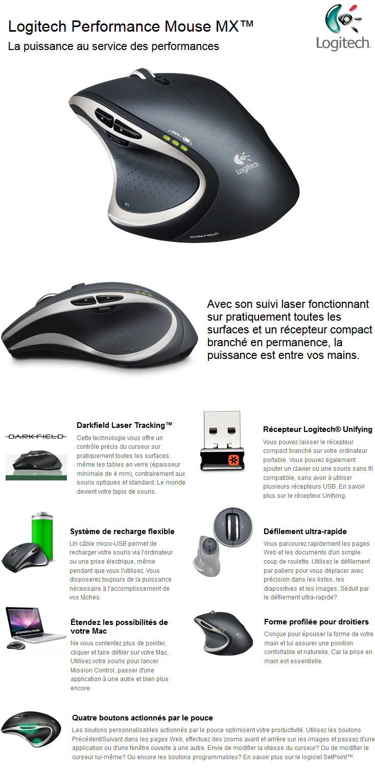 Acheter Souris Optique sans fil Logitech Performance Mouse MX Maroc