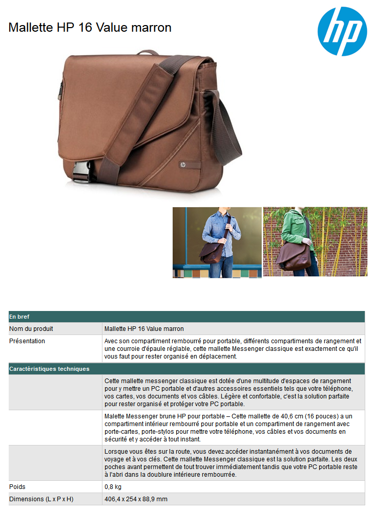 Acheter Mallette HP 16 Messenger Value Marron 16" (VZ348AA) Maroc
