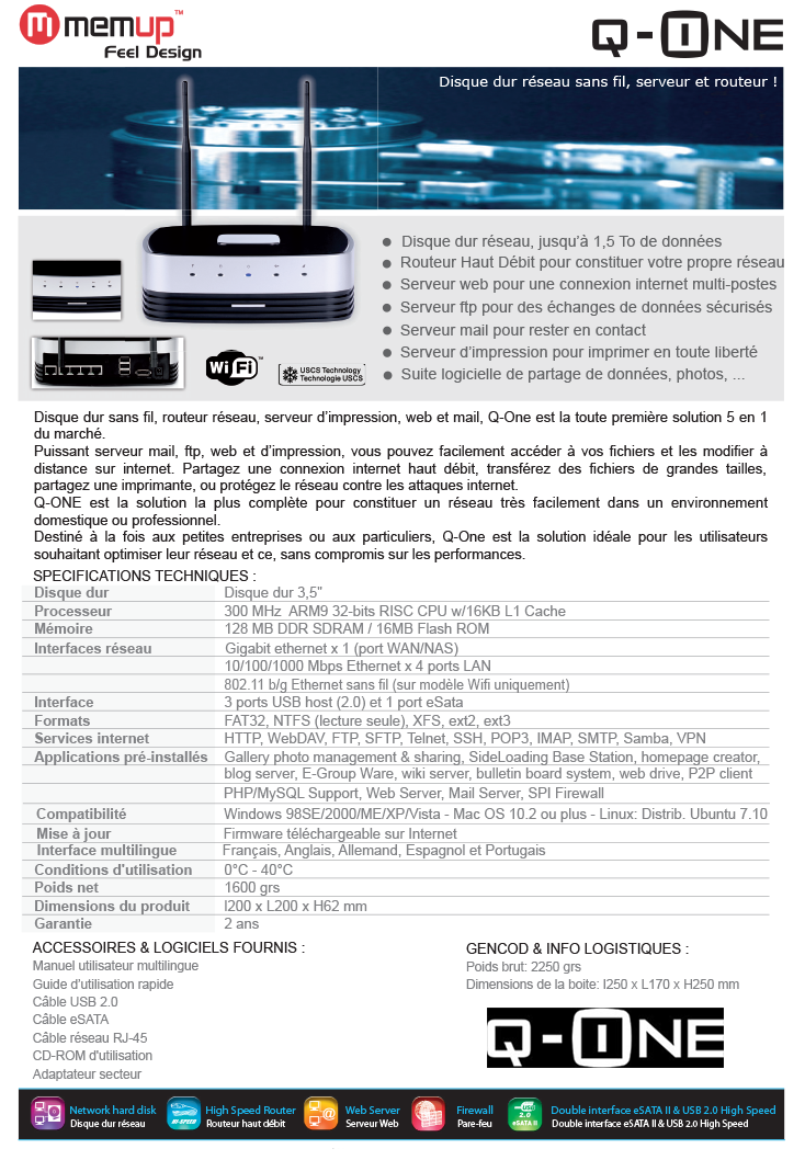 Acheter Memup Q-ONE Disque dur réseau sans fil, serveur et routeur Maroc