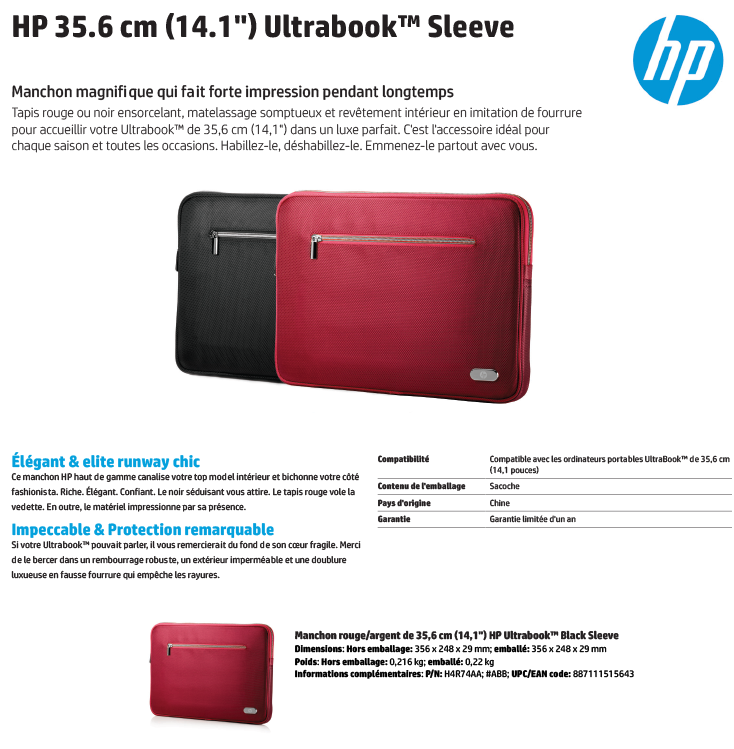 Acheter Manchon rouge/argent de 35,6 cm (14,1") HP Ultrabook Black Sleeve (H4R74AA) Maroc