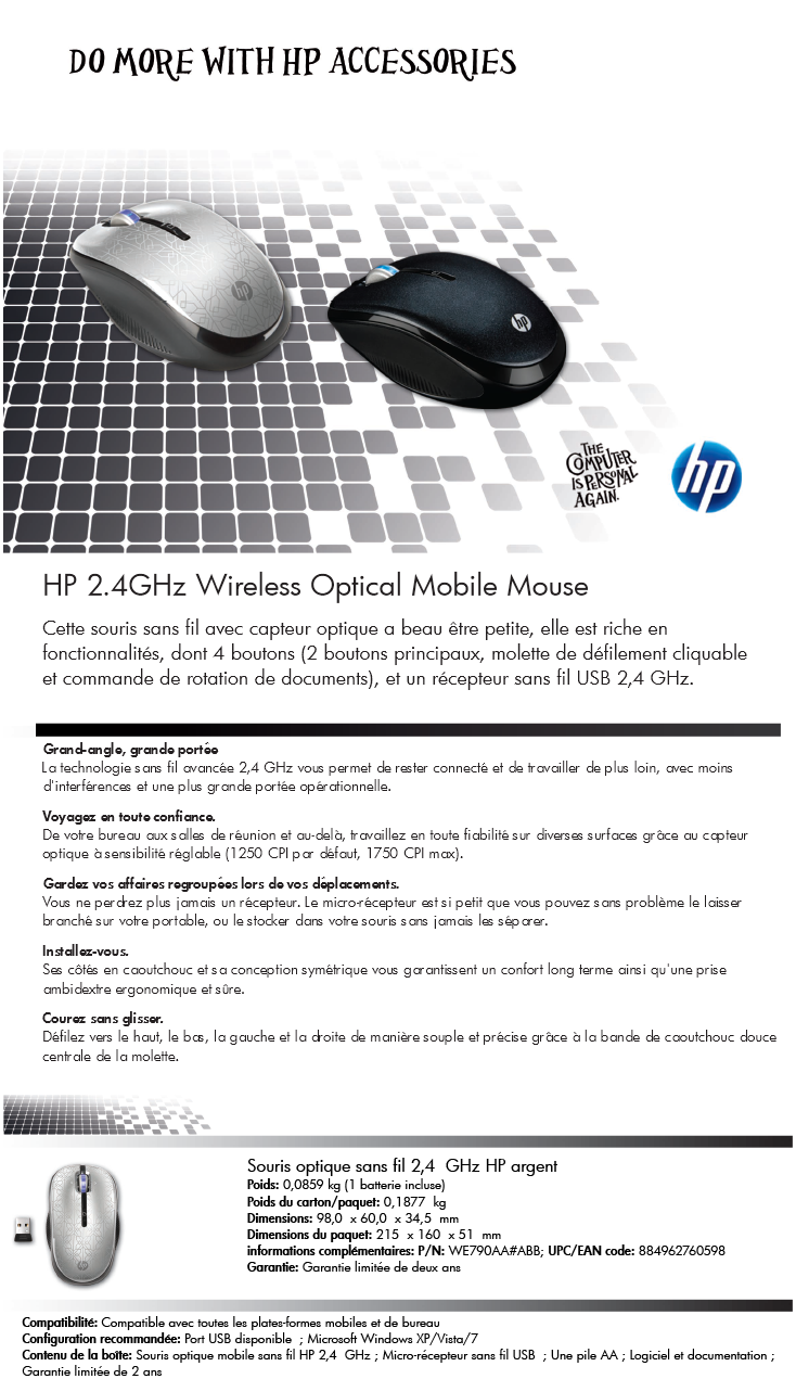 Acheter Souris mobile optique sans fil HP 2,4 GHz (argentée) (WE790AA) Maroc