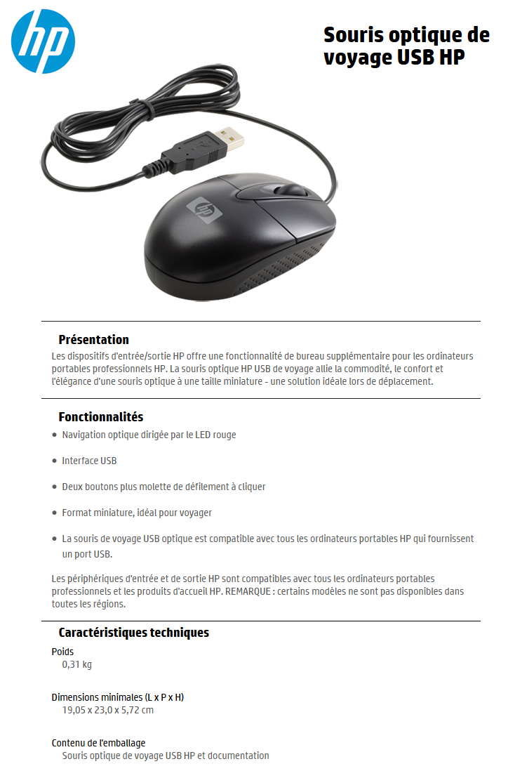Acheter Souris optique de voyage USB HP (RH304AA) Maroc