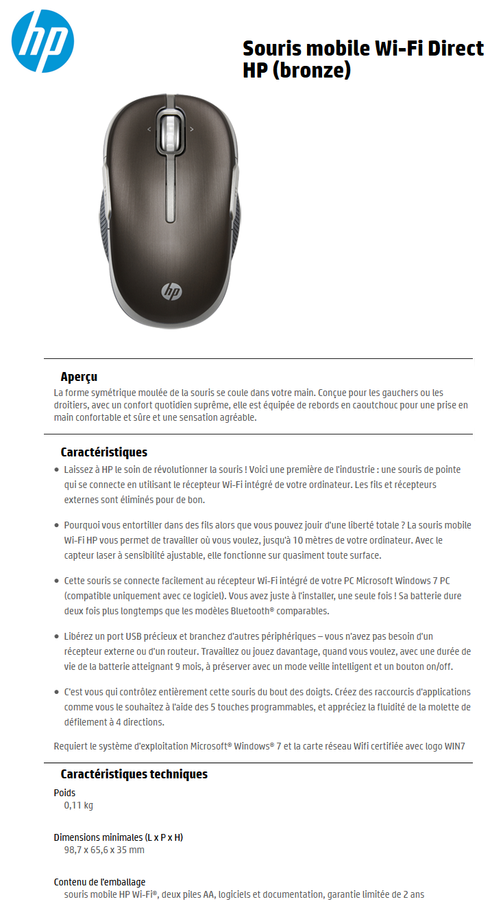 Acheter Souris mobile Wi-Fi Direct HP (bronze) (LQ083AA) Maroc