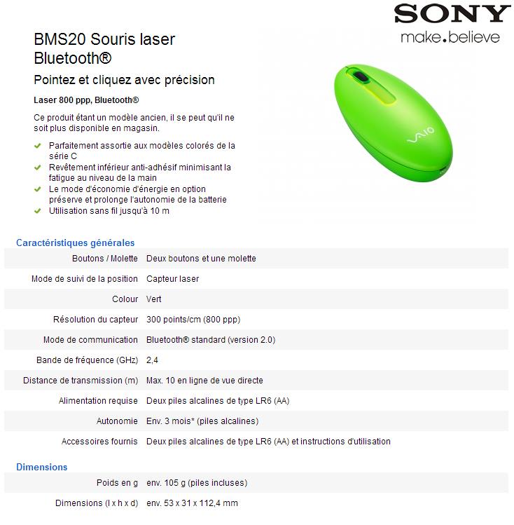 Acheter Souris laser Bluetooth Sony BMS20 Maroc
