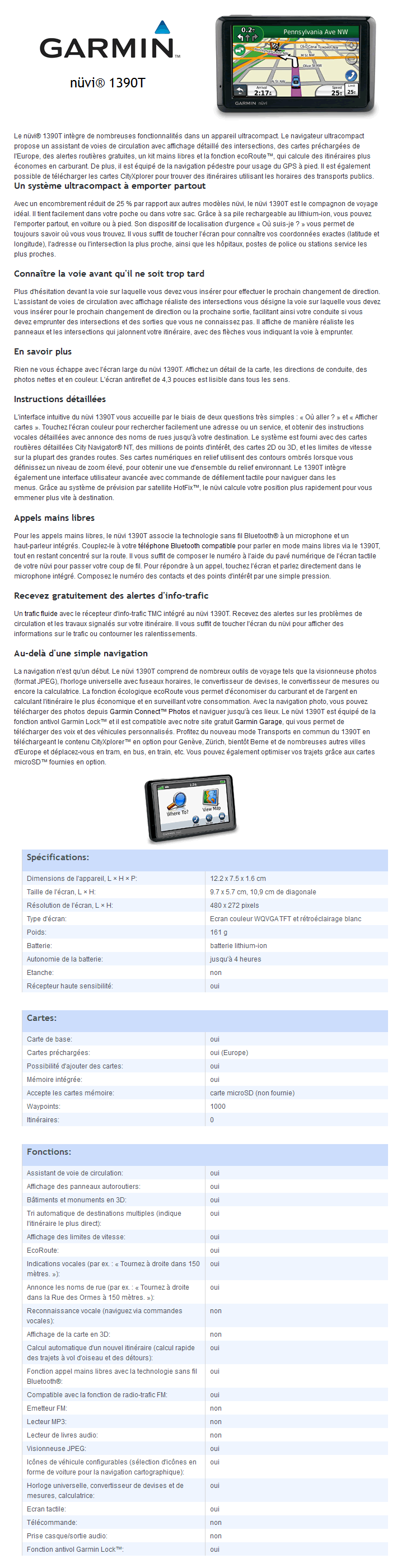 Acheter GPS Garmin nüvi 1390T Maroc+Europe - 4,3" tactile/BlueTooth Maroc