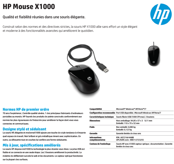 Acheter Souris HP X1000 USB (H2C21AA) Maroc